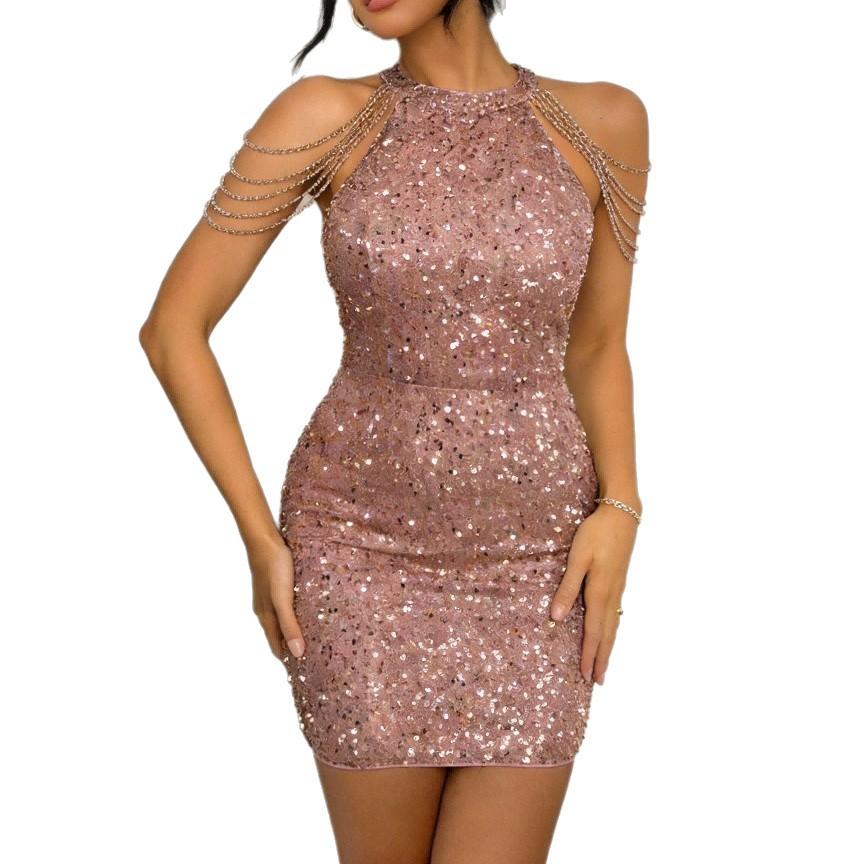 European and American new sexy sequins sleeveless short skirts slim-fitting hip-wrapped dresses evening dresses women's new models