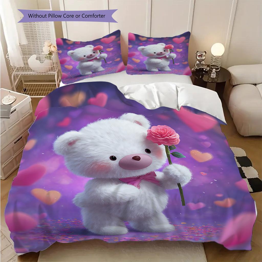 Bear Doll Pattern Bedding Quilt Set Quilt Cover Pillowcase Home Decoration Birthday Gift (1 * Duvet Cover + 2 * Pillowcase, Without Core)