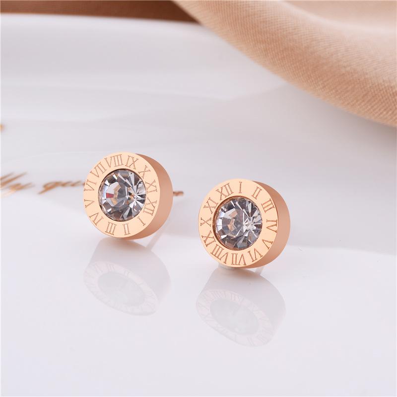 Trendy Geometric Circular Zircon Crystal Roman Numerals Stud Earrings for Women Vintage Style Stainless Steel Earring Jewelry