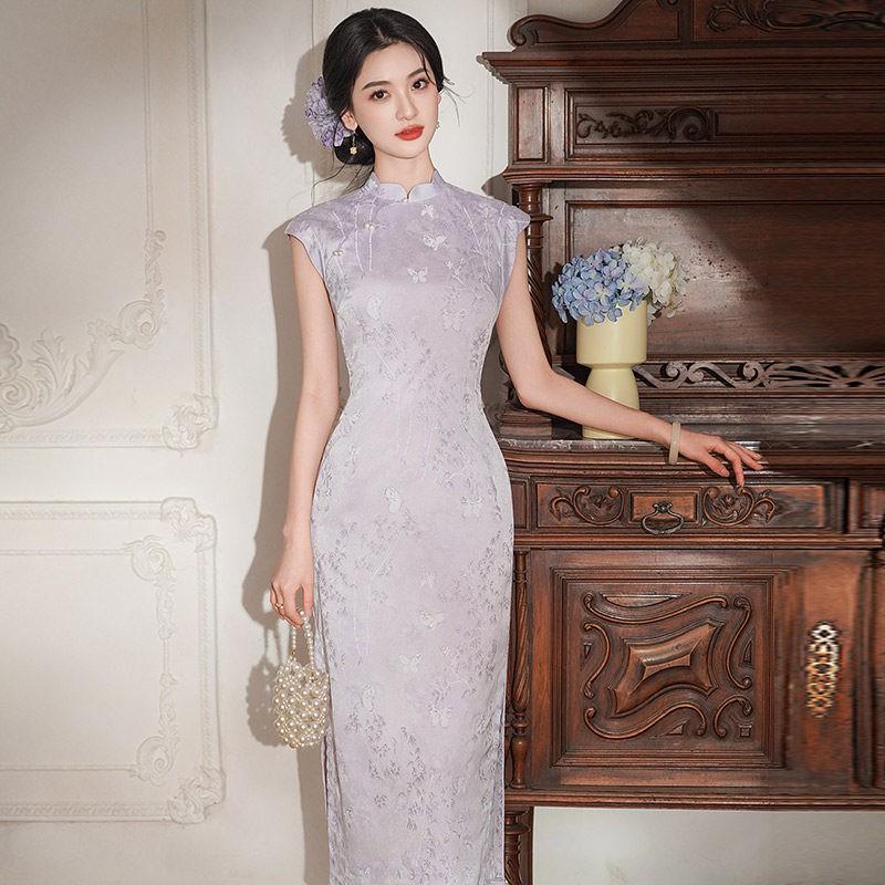 Purple Modern Chinese-Style Sleeveless Long Cheongsam Dress Women 2026 Vintage Elegant Fit