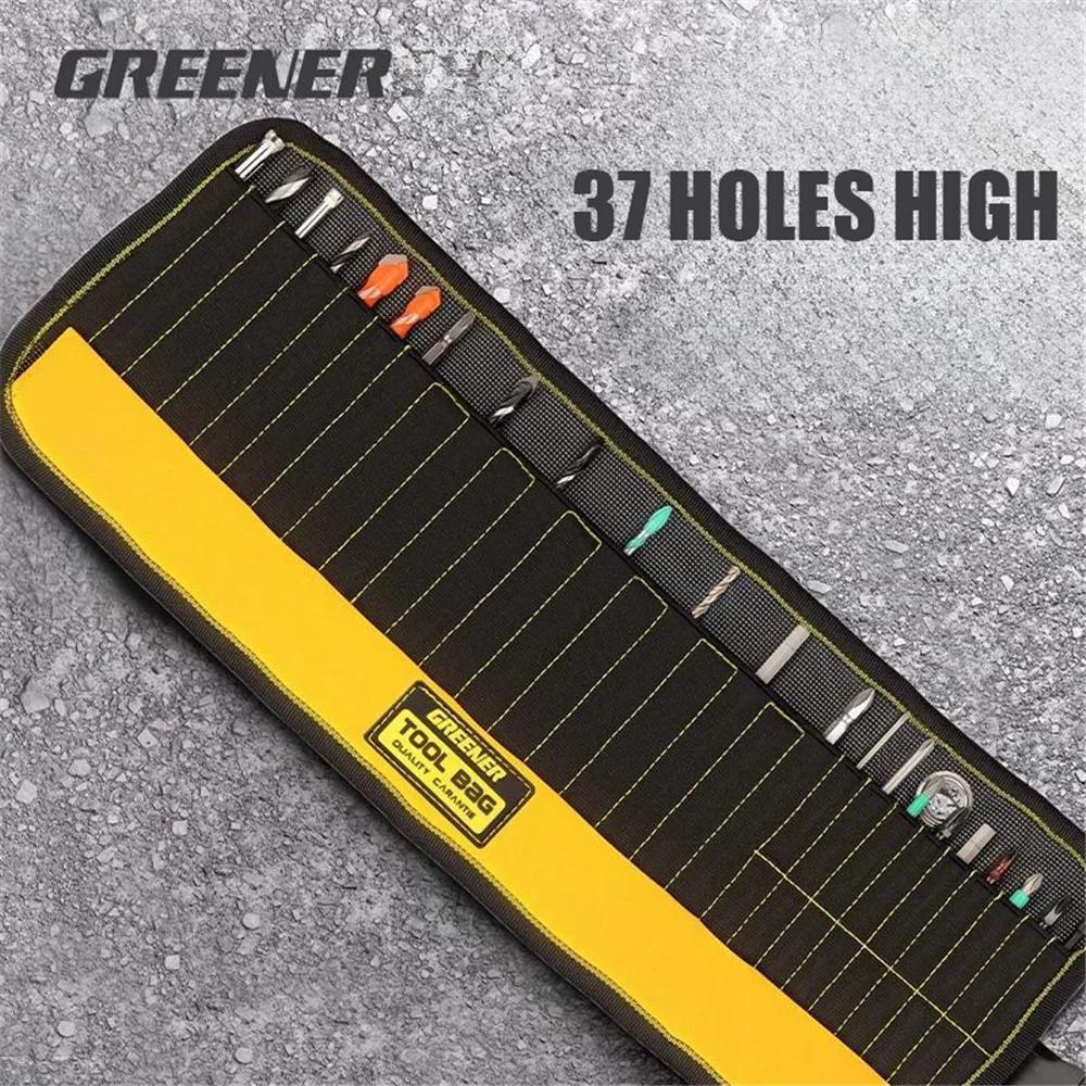 Greener 37 Holes Screwdriver Bit Drill Storage Bag Tool Pouch for Electrician Carpenter Multifunctional Thickened Roll Bag