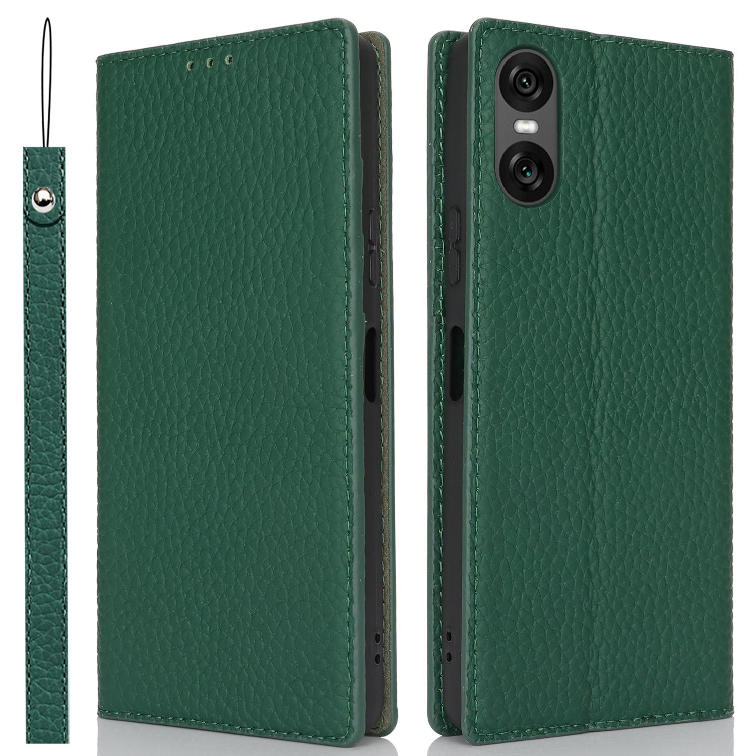 

For Sony Xperia 10 VI Case Genuine Cow Leather Wallet Stand Phone Cover Green