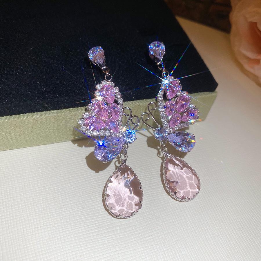 Silver Needle Pink Butterfly Zircon Cutout Stud Earrings - High-End Luxury Fashion Jewelry