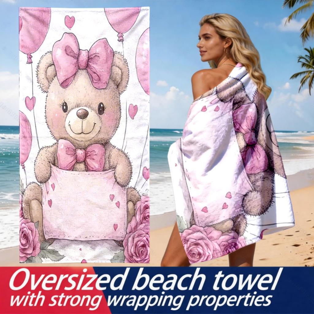 Pink bow tie teddy bear balloon theme polyester microfiber beach towel is highly absorbent, suitable for swimming beach outings