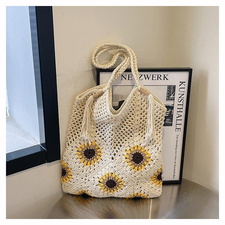 Summer new sunflower knitted tote bag seaside beach bag large capacity cotton thread woven bag