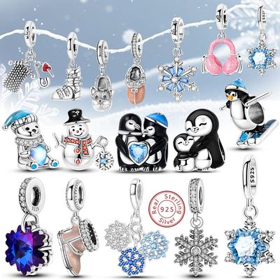 Original Copper Charms Beads Winter Snowflake Snowman Igloo Penguin Pendant Fit Bracelet Charms Women Jewelry Gift