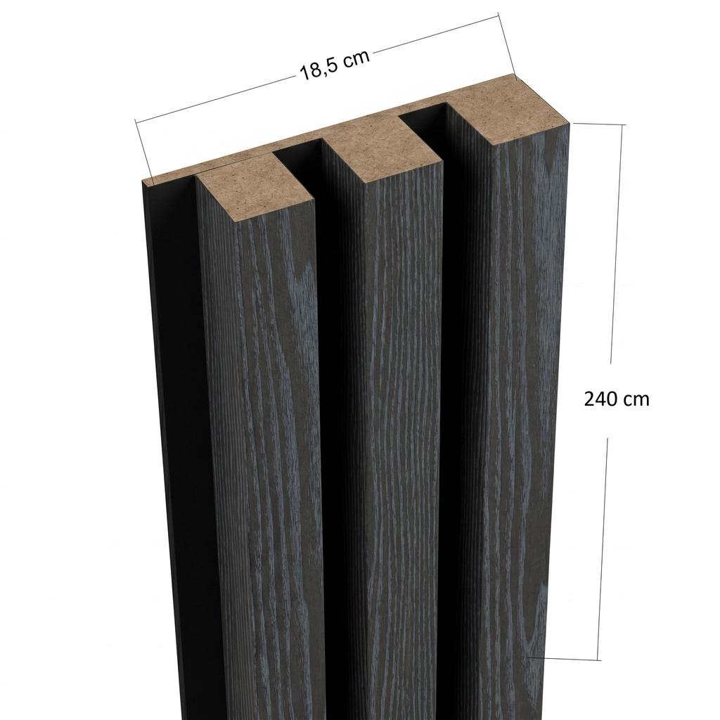 Akustický nástěnný panel Mebano PRO Černo-dřevěný efekt s černou HDF podložkou 4x (18,5x240 cm)