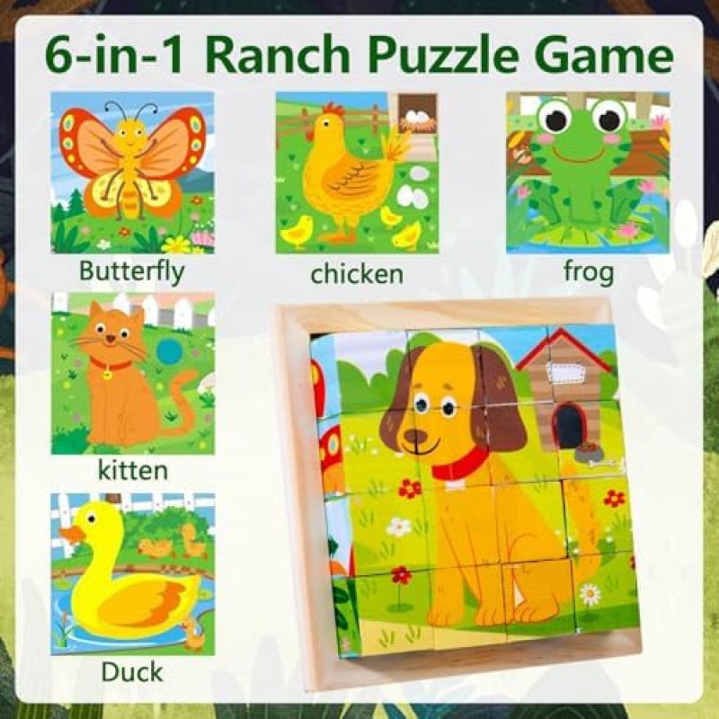 Wooden Puzzle Blocks for Kids, 6 In 1 Animal Pattern, Montessori Educational Toys for Toddlers Ages 2 3 4 Years Old Boys Girls