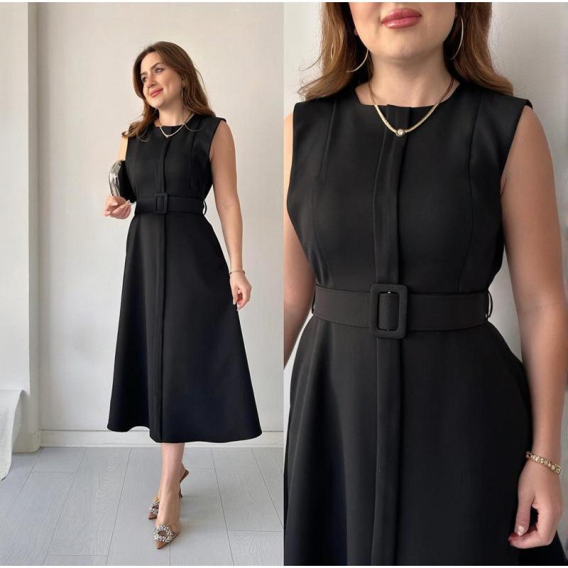

2025 Spring European & American Sleeveless Belted Pocket Dress XXXL чорний