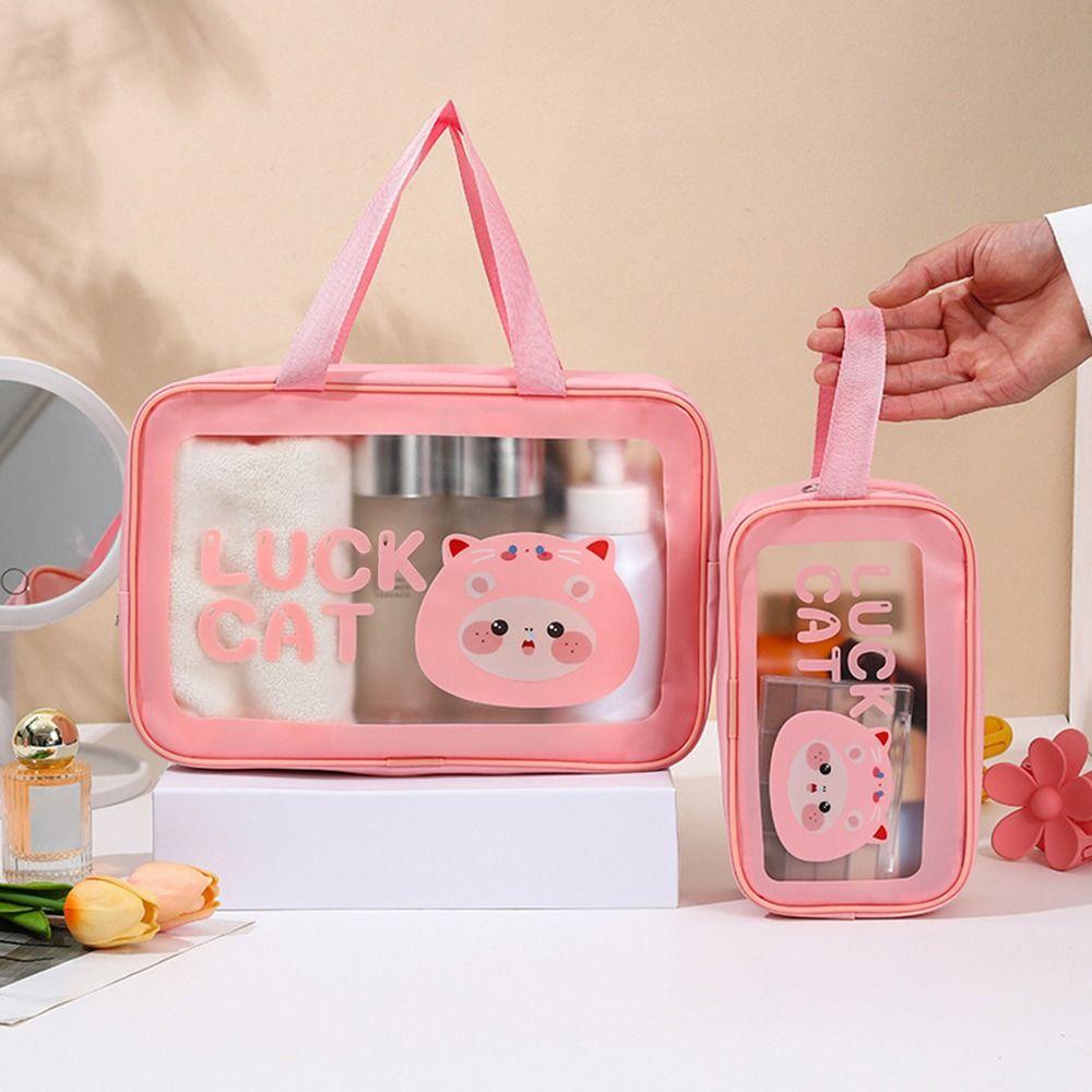 Portable PU Makeup Bag Transparent Large Capacity Travel Toiletry Pouch Cartoon Wet-Dry Separation Wash Bag for Women Girls