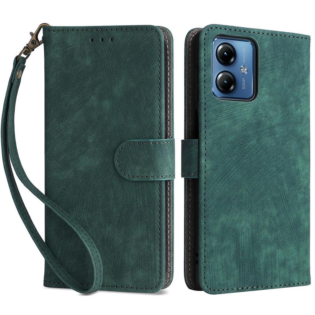 For Motorola Moto G14 4G Anti-Scratch Cell Phone Case Leather Stand Cover RFID Blocking Wallet Shell with Strap