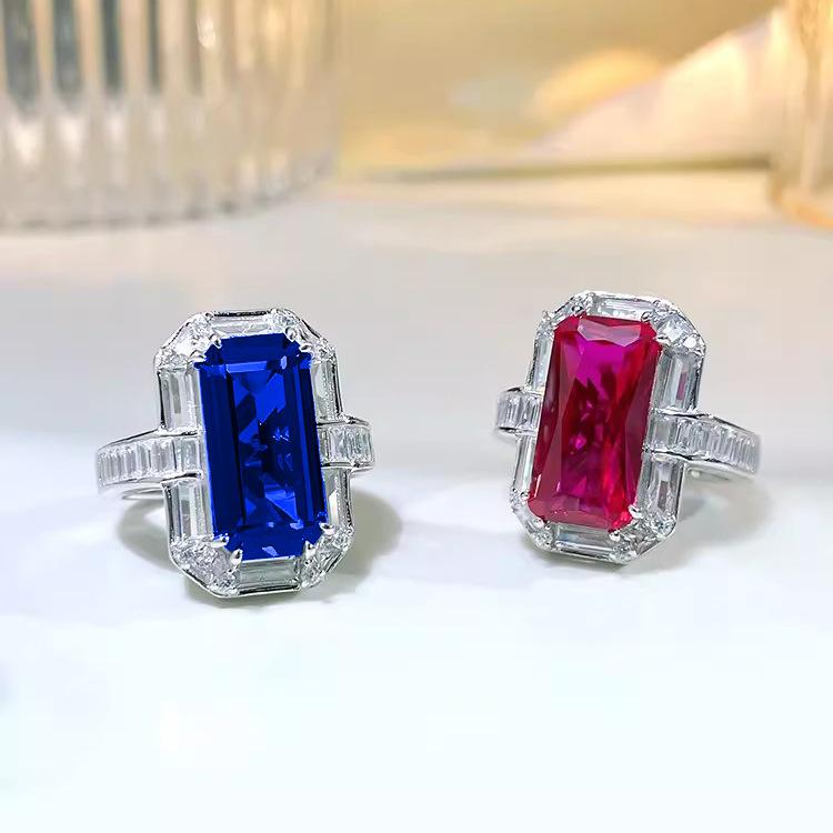 Luxury Women Jewelry Set with Red Corundum Pendant Blue Spinel Ring Earrings High Carbon Diamonds