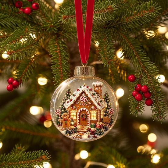 Decorative Acrylic Christmas Ornaments Tree Crystal Ball Pendant with LED Light, Built-in Christmas-themed Gift for Family Pattern Design, Hanging