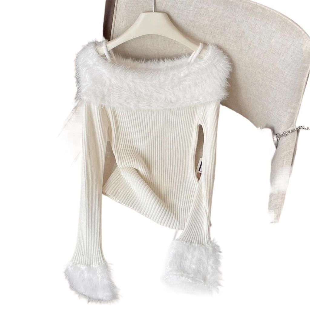 Chic French One-Shoulder Flare Sleeve Sweater Camisole for Women - Slim Fit Fuzzy Autumn/Winter Base Layer.
