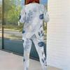 Women Plus Size Black Burgundy Printed Two Piece Set Round Neck Long Sleeve Top And Fitted Pants