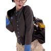 Women's Grey Knit Cardigan with Embroidered Heart Design - Spring/Autumn Round Neck Sweater.