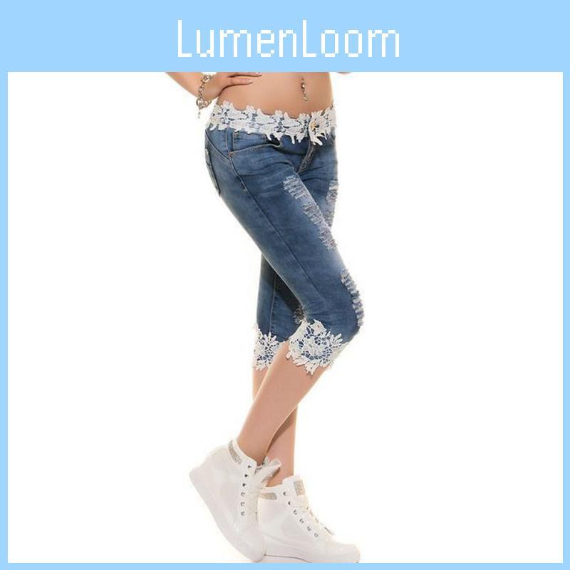 Stylish Women Jeans Lace Elastic Casual Big Size Cowboy Denim Shorts For Daily Wear