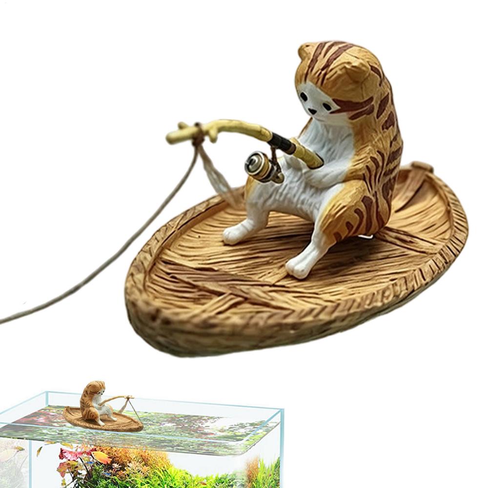 Fish Tank Decor Cute Kitten Fishing Resin Statue Aquarium Decoration For Garden Pond Home Office Landscaping Outdoor Aquatic