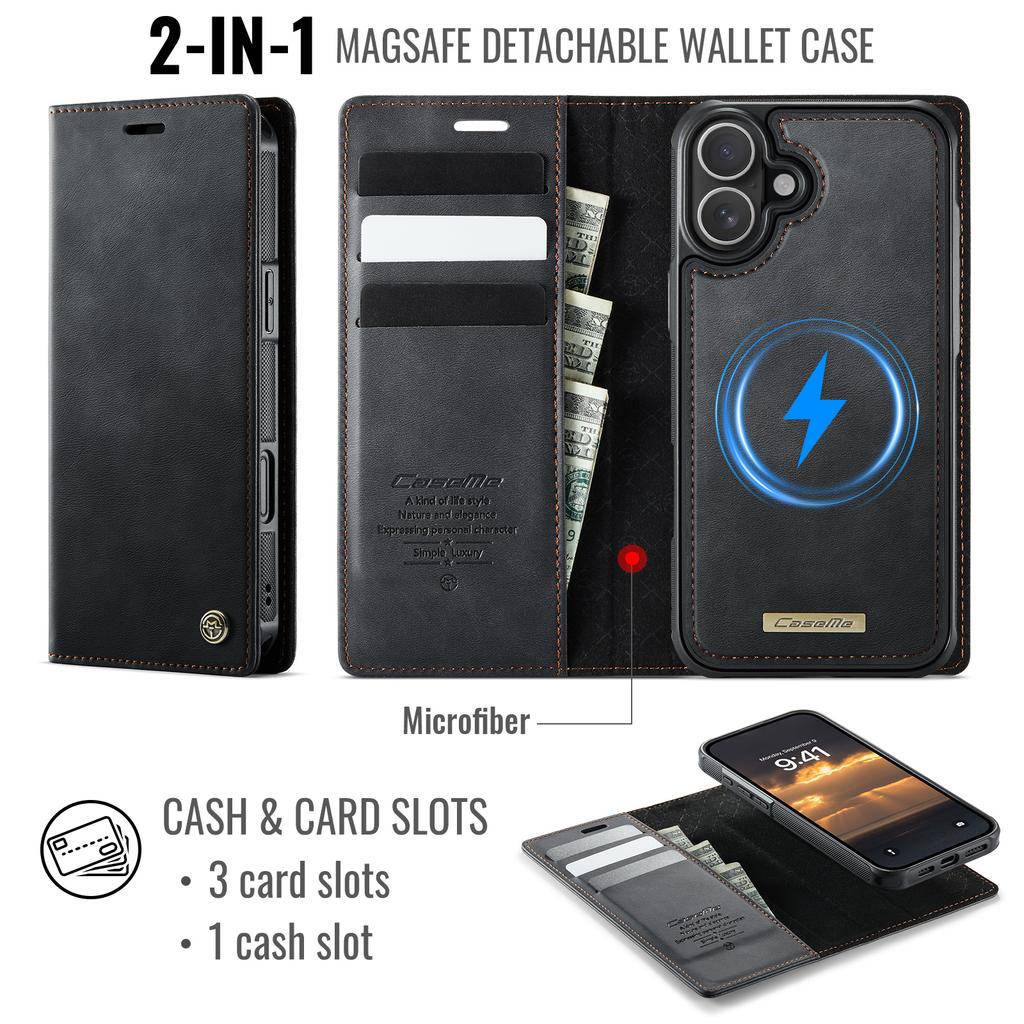 For iPhone 16 Case CASEME C49 Compatible with MagSafe RFID Blocking Detachable Wallet Leather Phone Cover