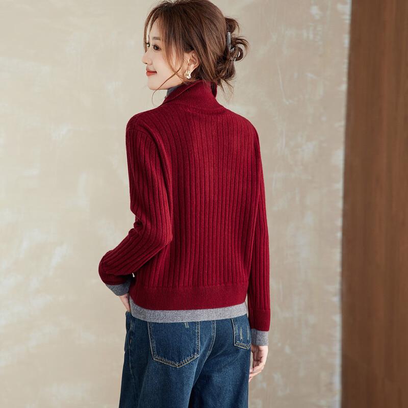 Women's 100% Wool Faux Two-Piece Ribbed Sweater