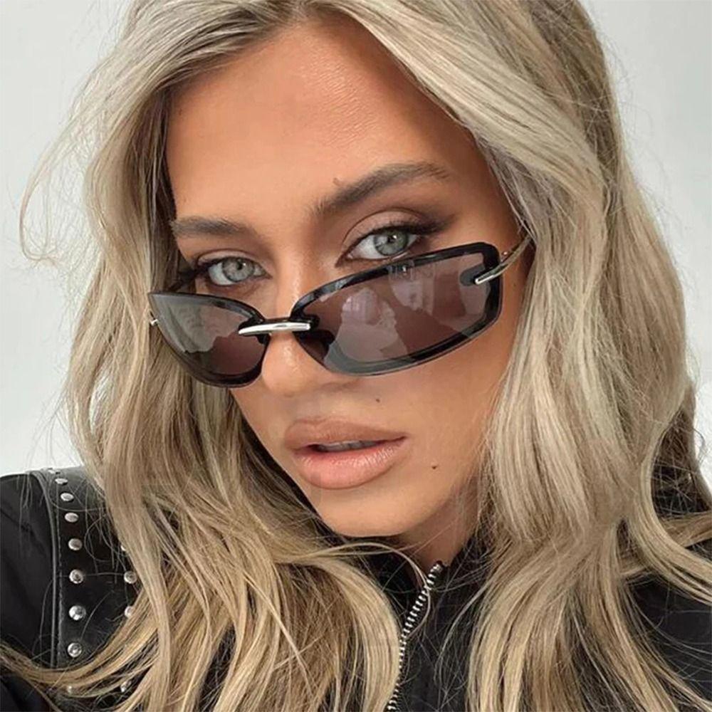 Trendy Rimless Square Candy Color Sunglasses Y2K UV Protection Futuristic Shades Metal Temples Women's Sun Glasses