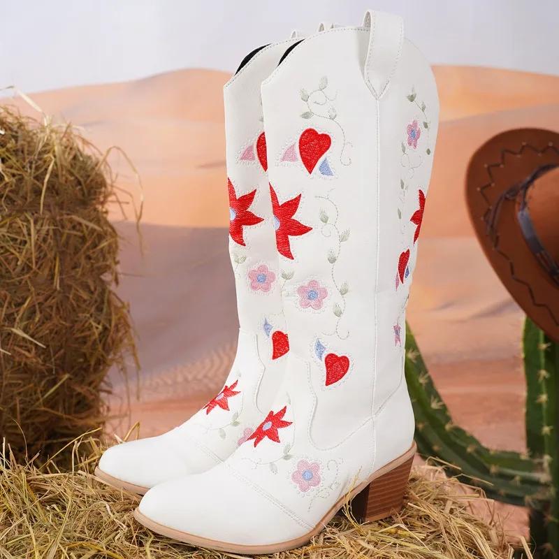 Fashion 6CM Western Women Boots Autumn Winter Fashion Chunky Heeled Cowboy Boots Vintage Style Country Western Cowgirl High Heels Boots