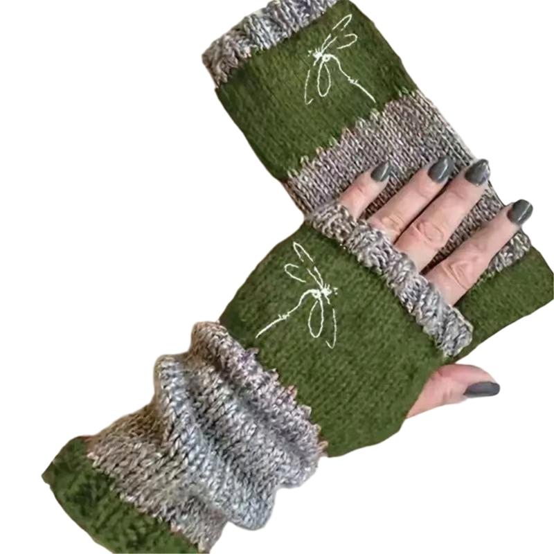 

Stylish Embroidery Splicing Knitted Gloves Warm Gloves Fashion Leaky Finger Casual Women s Glove for Outdoor Activity зелёный