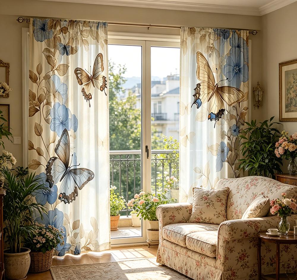 2PCS Digital Printed Curtains, Flower Shadow Blue Butterfly Dreamy, Rod Pocket Window Drapes for Living Room Bedroom Decor