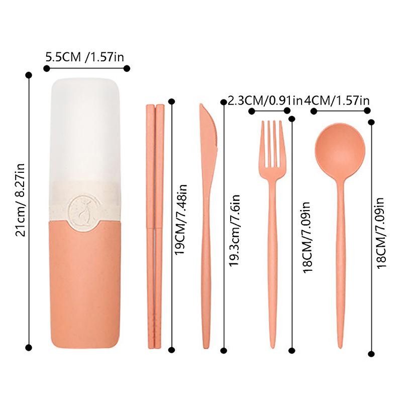 4Pcs Wheat Straw Cutlery Set Portable Tableware Reusable Spoon Knife Chopsticks Fork Travel Picnic With Carrying Box