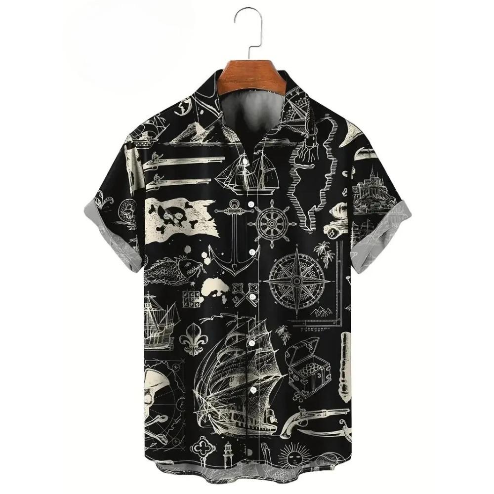 Retro Fashion Printed Pirate Pattern Men's Shirt Summer Street Beach Shirt Hip Hop Cool