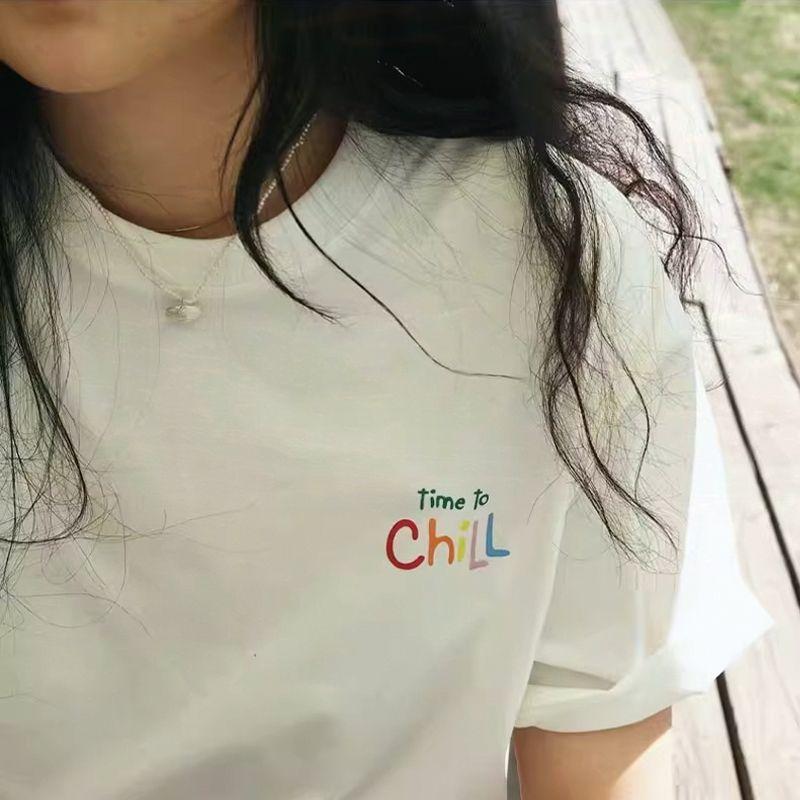 

Time to Chill Niche Design Unique White Short Sleeve T-shirt for Women 2025 New Arrival plus Size Inner Match Half Sleeve White XXL