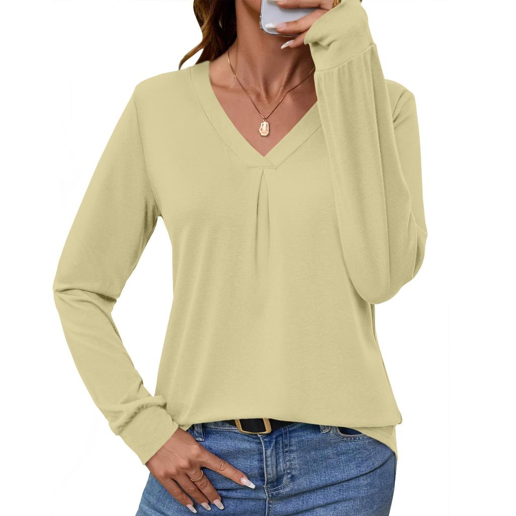 Damen Langarm V-Ausschnitt Bluse Business Casual Tunika Oberteil Locker Geschnitten Arbeitshemd