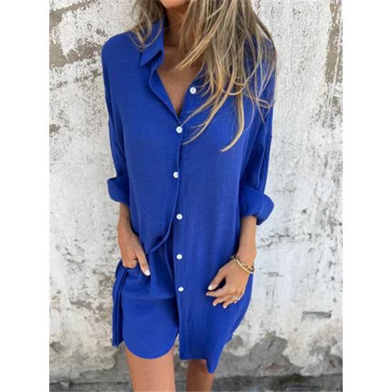 Women's shorts suit casual solid color cotton linen long sleeve wrinkle shirt and shorts two-piece set