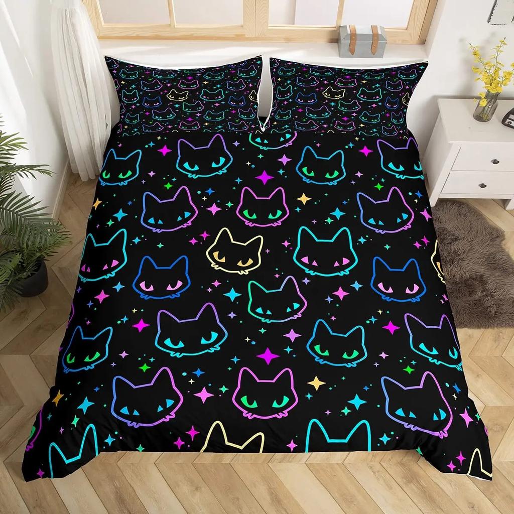 Cartoon Black Cat Duvet Cover Watercolor Flower Bedding Set Pet Animals Botanical Comforter Cover Romantic Rustic Quilt Cover