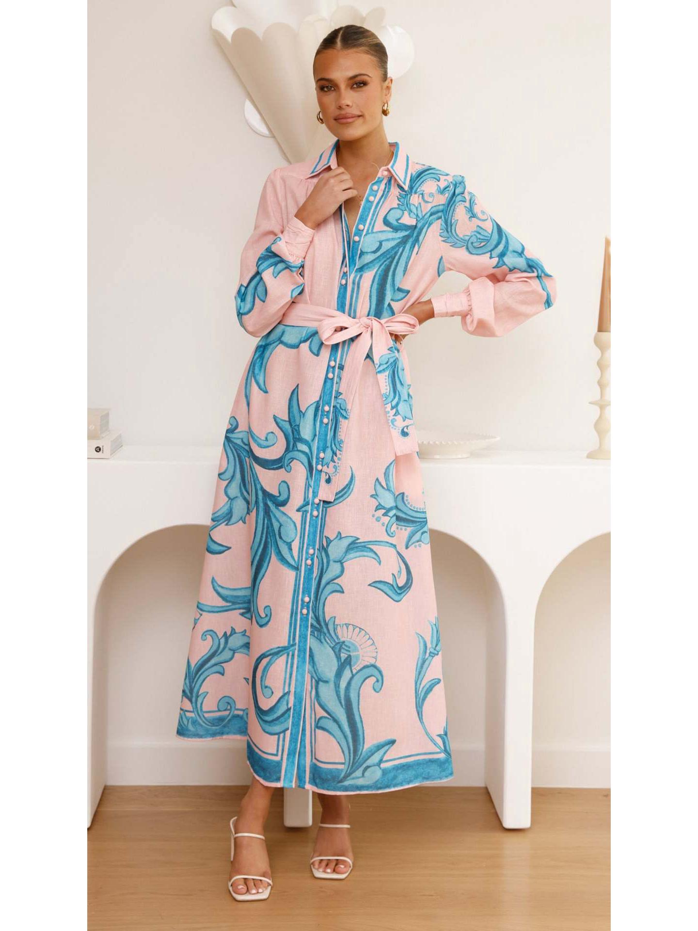 2025 Linen Puff Sleeve Dress with Waist-Cinching Belt L