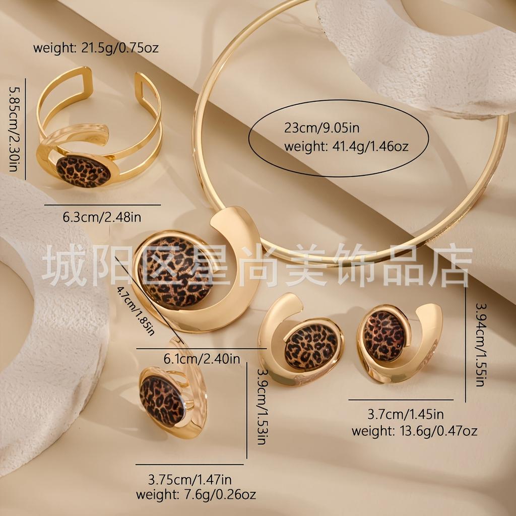 Vintage Leopard Print 5-piece Set Elegant Golden Letter Collar and Earrings, Ring, Bracelet Set