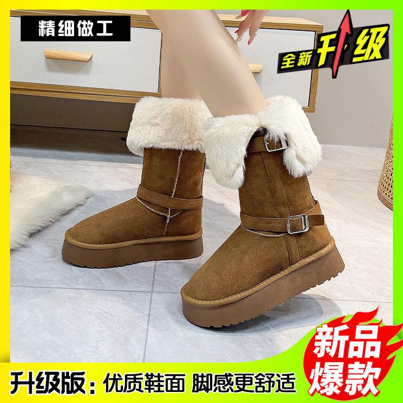 Medium tube thick-soled snow boots women's winter new velvet thickened fur integrated large cotton shoes warm cotton boots
