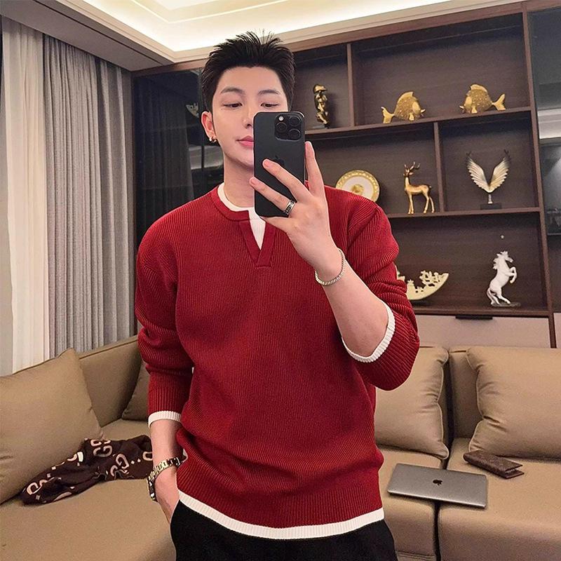 

Men’s Red V-Neck Faux Two-Piece Korean Style Winter Sweater Large червоний