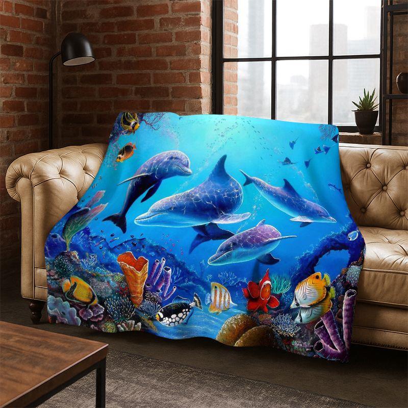 3D Illusion Underwater World Marine Life Shark Dolphin Cartoon Flannel Blanket Throw Blanket for Bedroom Living Room Bed Travel