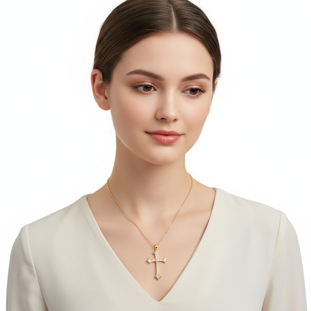 Women's Versatile Cross Necklace with Geometric Zircon Pendant and Full Diamond Accents
