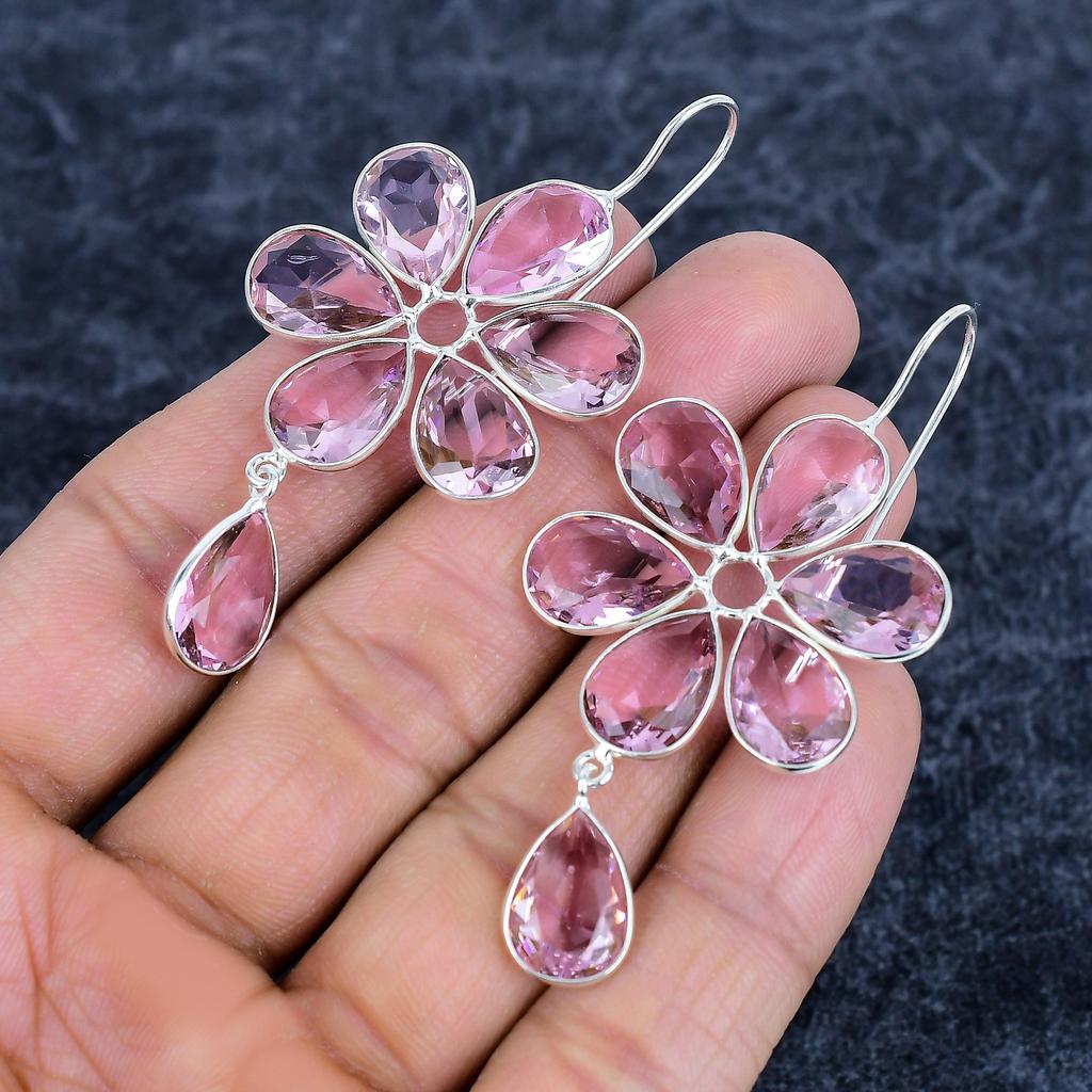 Pink Kunzite Gemstone Handmade 925Sterling Silver Jewelry Earring 2.76" M-3148