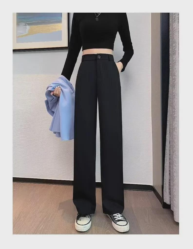 Women's Black Wide-Leg Suit Pants, 2024 Spring Design, High-Waist, Loose Drape, Floor-Length Casual Trousers