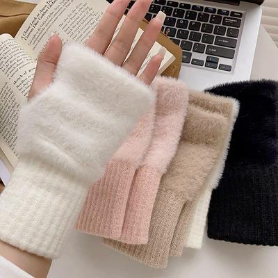 Unisex Half Finger Plush Gloves Warm Fleece Fingerless Gloves Soft Touch Screen Mittens Outdoor Sports Imitation Mink Winter