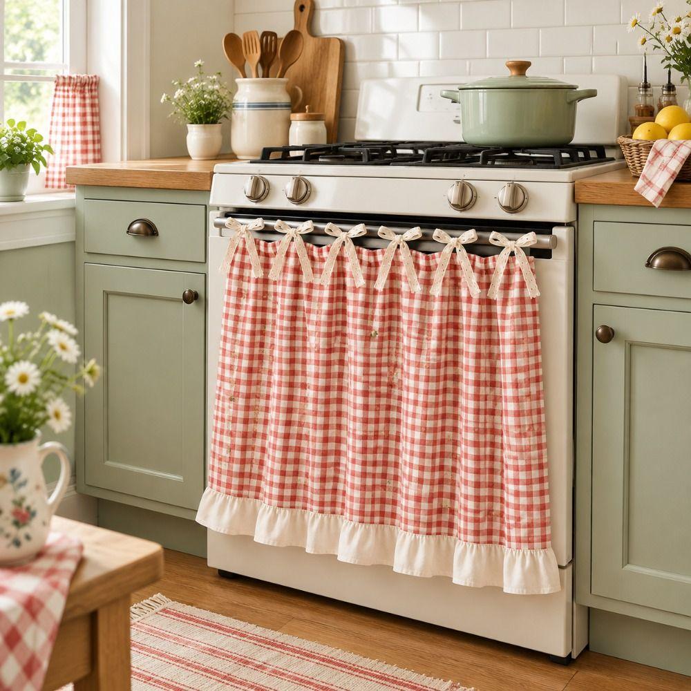 Cotton Linen Blend Bow Tie Oven Cover Curtain Coffee Machine Half Curtain Farmhouse Kitchen