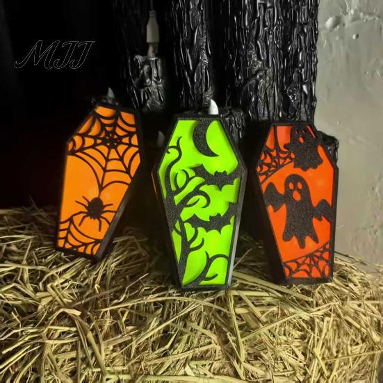 Solid Wood Halloween Craft Casket Decor, DIY Bat Ghost Ornament with Lights, Horror Decoration Spooky Graveyard Scene Prop for Party Home