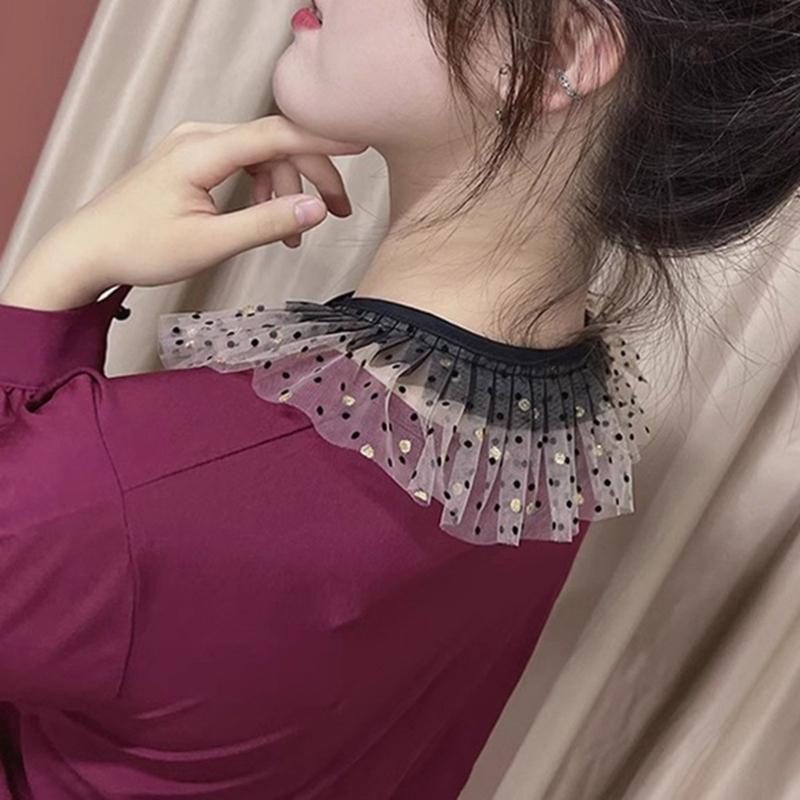 Women Elegant Dots Sheer Organza Mesh Ruffled False Collar Detachable Shawl Scarf Capelet for Sweater Dresses