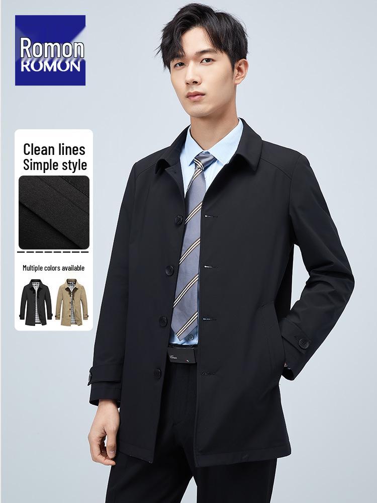 Romon Men's Mid-Length Cadre Style Trench Coat - Slim-Fit Autumn Jacket 2025 Trend