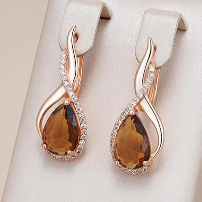 Orecchini geometrici incrociati con intarsio geometrico in zirconi color tè, grandi orecchini per donna, eleganti orecchini pendenti, gioielli di lusso