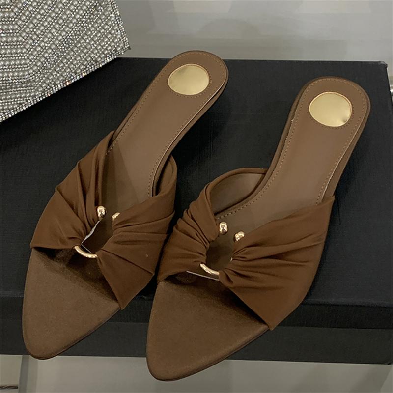 Fashion Eilyken New Design Pleated Hollow Out Thin Low Heels Women Slippers Fashion Pointed Toe Party Dress Female Summer Shoes