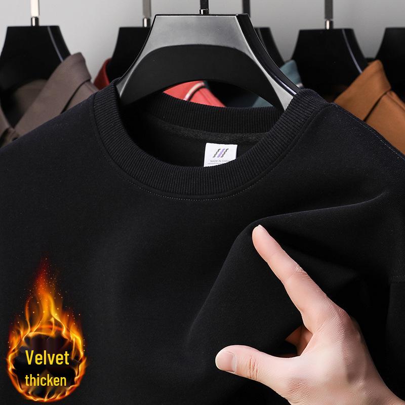 420g schwere Baumwolle Herren Verdickter Rundhals Samt Hoodie – Einfarbige Langarm Winter Basisschicht Hemd.